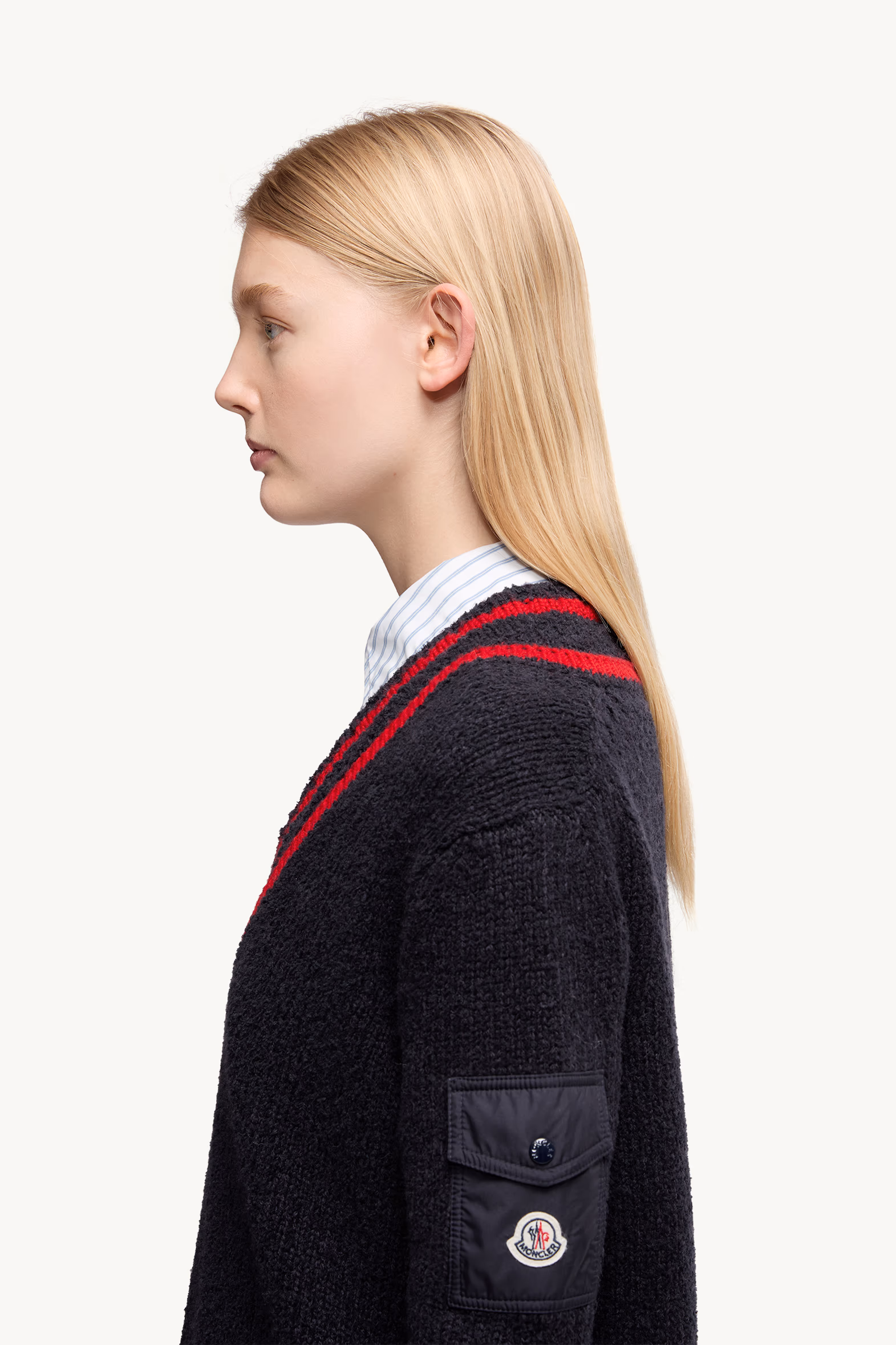 Padded V-Neck Cotton & Wool Blend Sweater Women Navy Blue Moncler 4